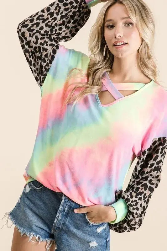 BiBi Tie Dye Terry Top with Leopard Puff Sleeves - Love Salve